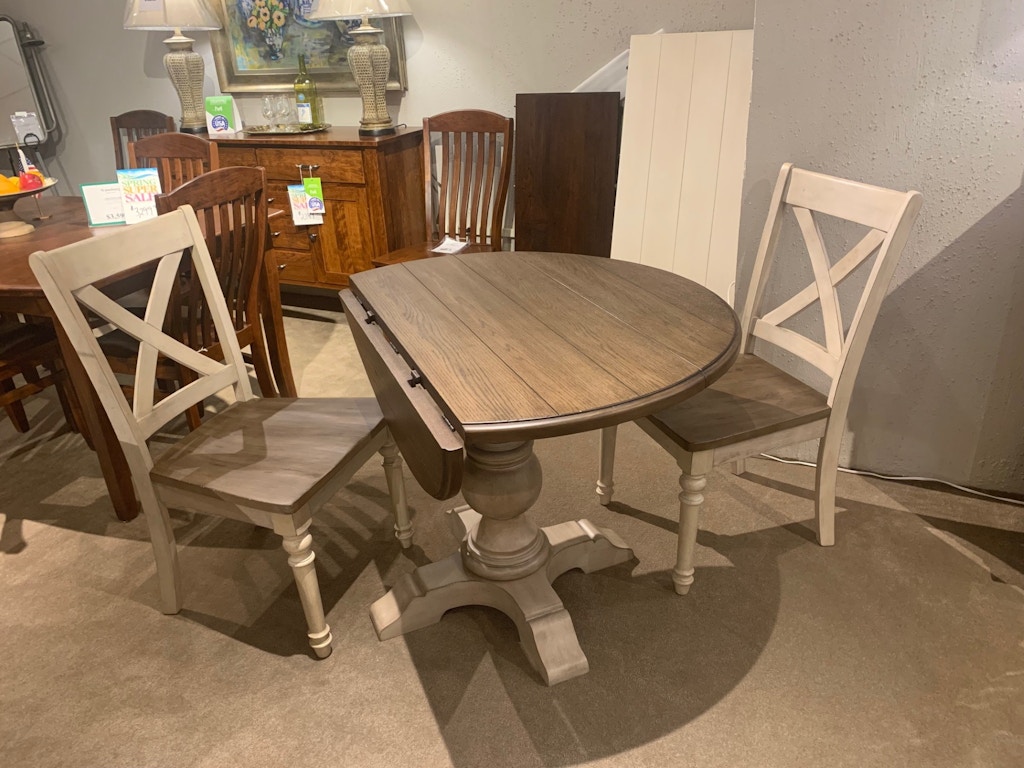DROP LEAF TABLE AND TWO CHAIRS.